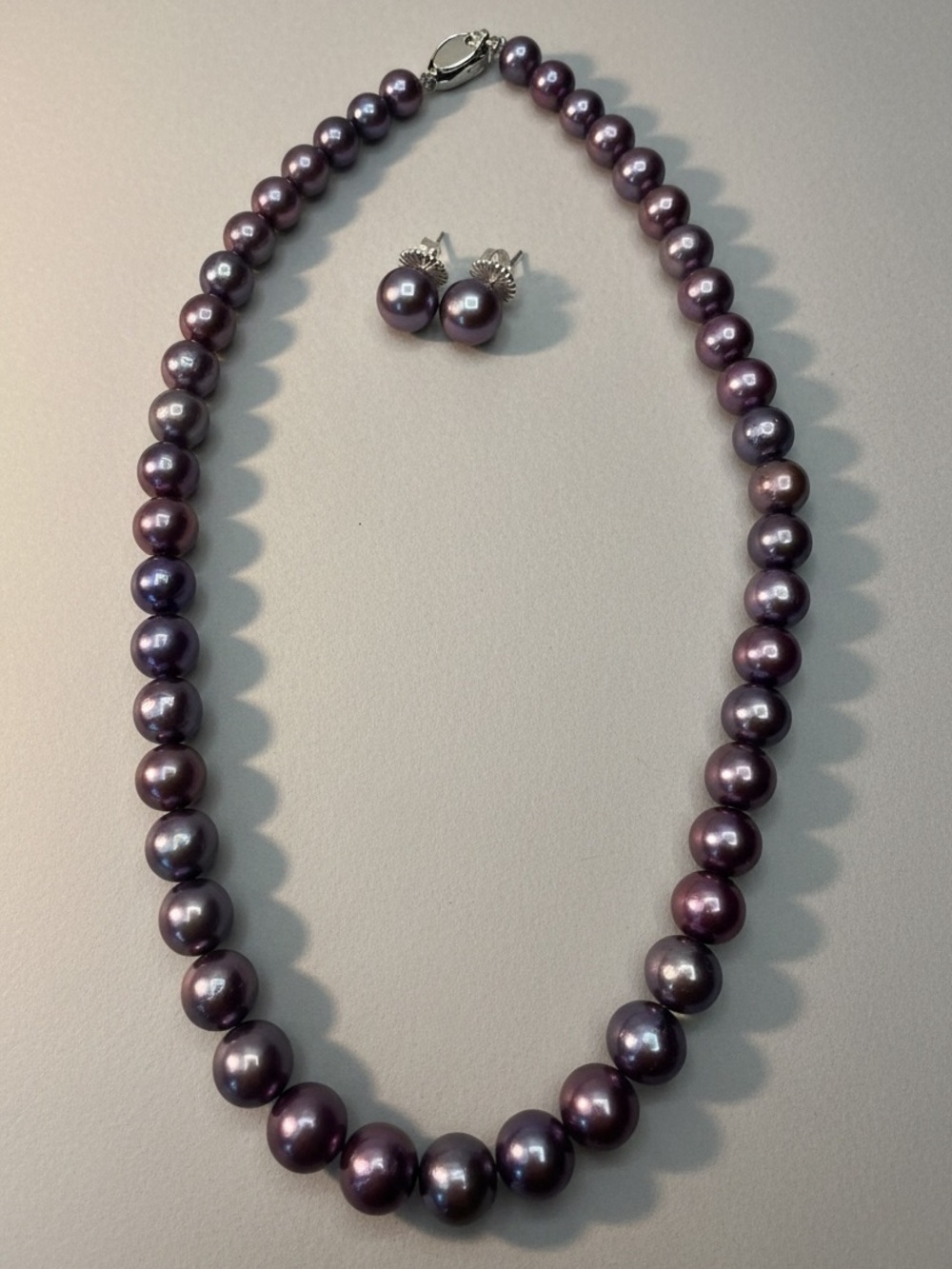 Authentic  high quality Purple Pearl Necklace and Stud S925 Earrings Set